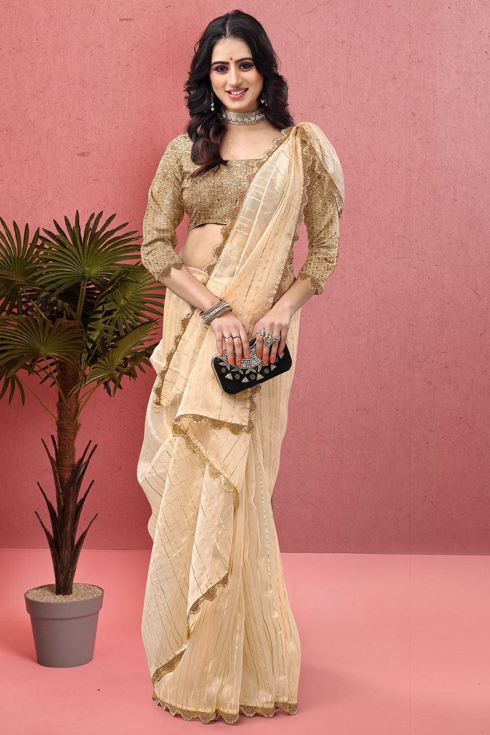 Beige Colour Organza Saree with Readymade Blouse