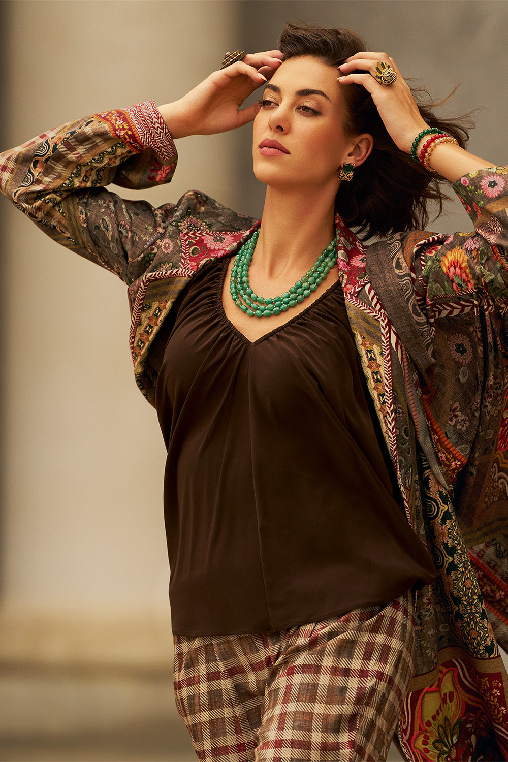 Beige Colour Printed Spun Fabric Unstitched Suit