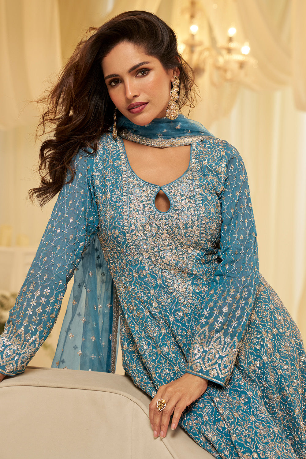 Blue Georgette Embroidered Anarkali Suit Set