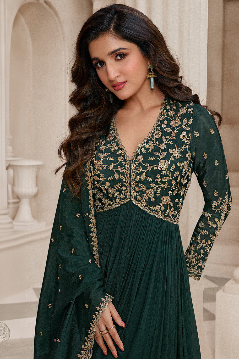 Bottle Green Color Alia Cut Deigned Embroidered Georgette Anarkali Suit