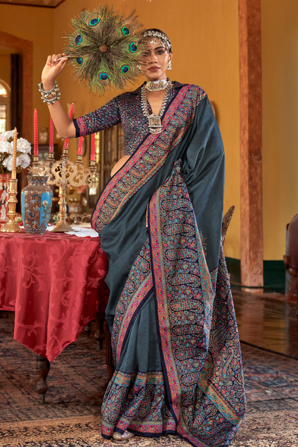 Dusty Teal Color Printed Gajji Silk Saree