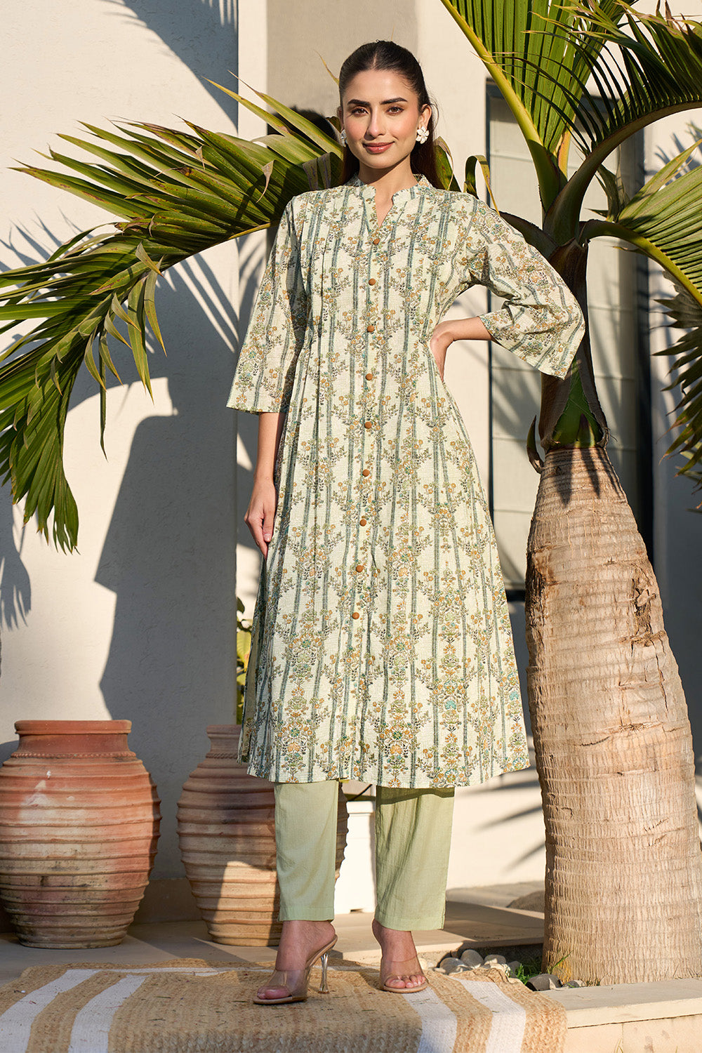 Pista Green Floral Printed Cotton Long Kurta Set