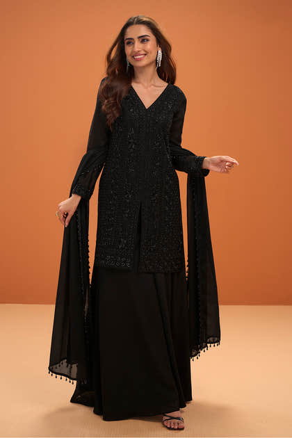 Black Crepe Silk Embroidered Suit With Palazzo