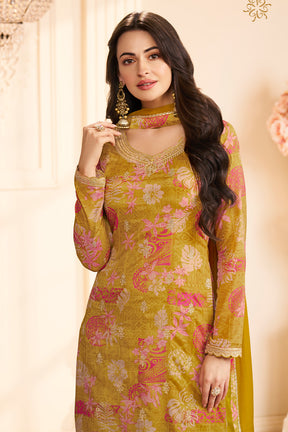 Mustard Chinone Silk Floral Printed And Embroidered Unstitched Suit Fabric