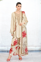 Cream Crepe Silk Floral Printed Unstitched Suit Material