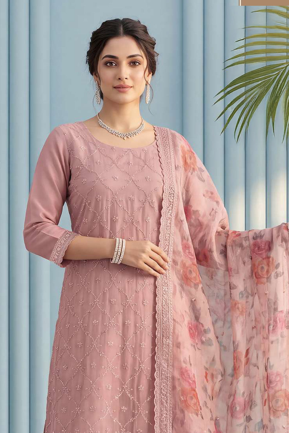 Pink Organza Resham Embroidered Unstitched Suit Material