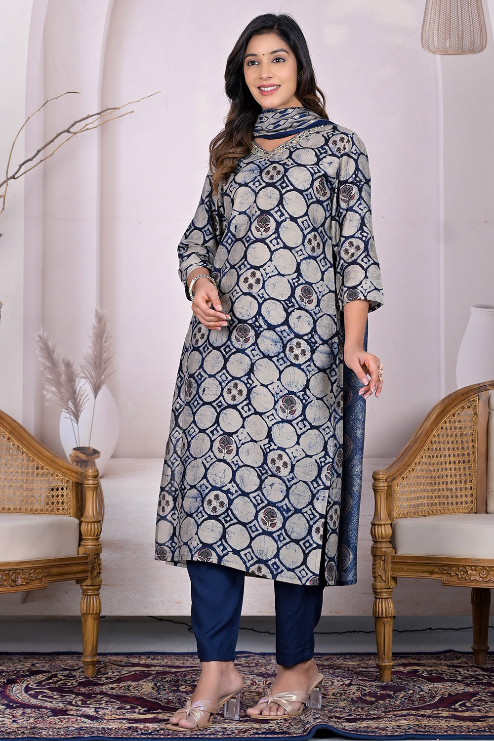 Beige & Navy Color Neck Embroidered Printed Muslin Suit
