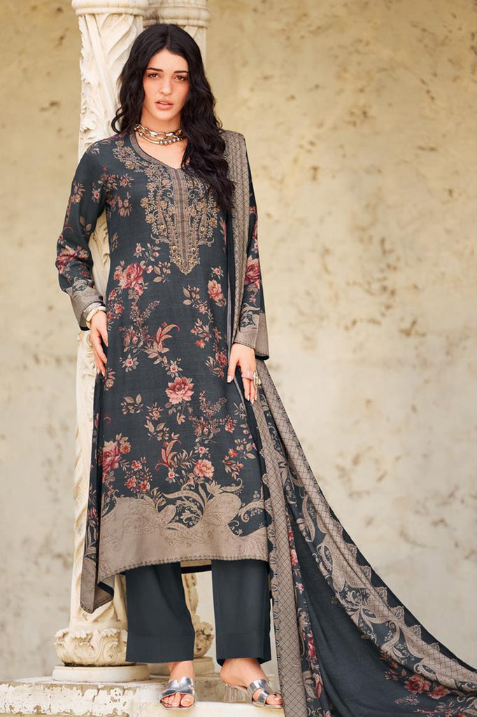 Grey Spun Floral Printed Unstitched Suit Fabric