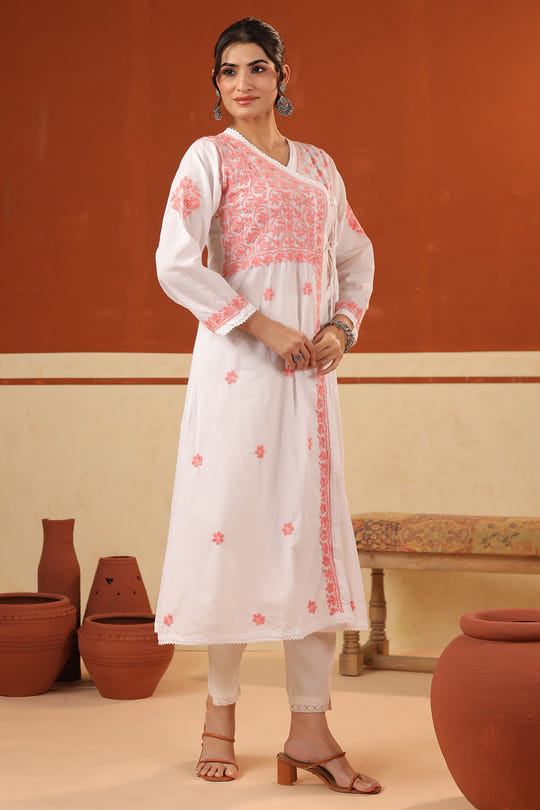 White & Light Pink Cotton Resham Embroidered Angrakha Style Kurta