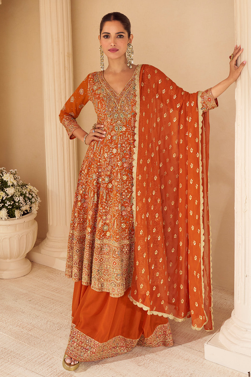 Orange Georgette Zari And Sequins Embroidered Suit With Embroidered Palazzo