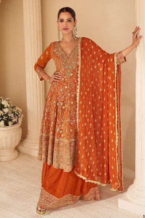 Orange Georgette Zari And Sequins Embroidered Suit With Embroidered Palazzo