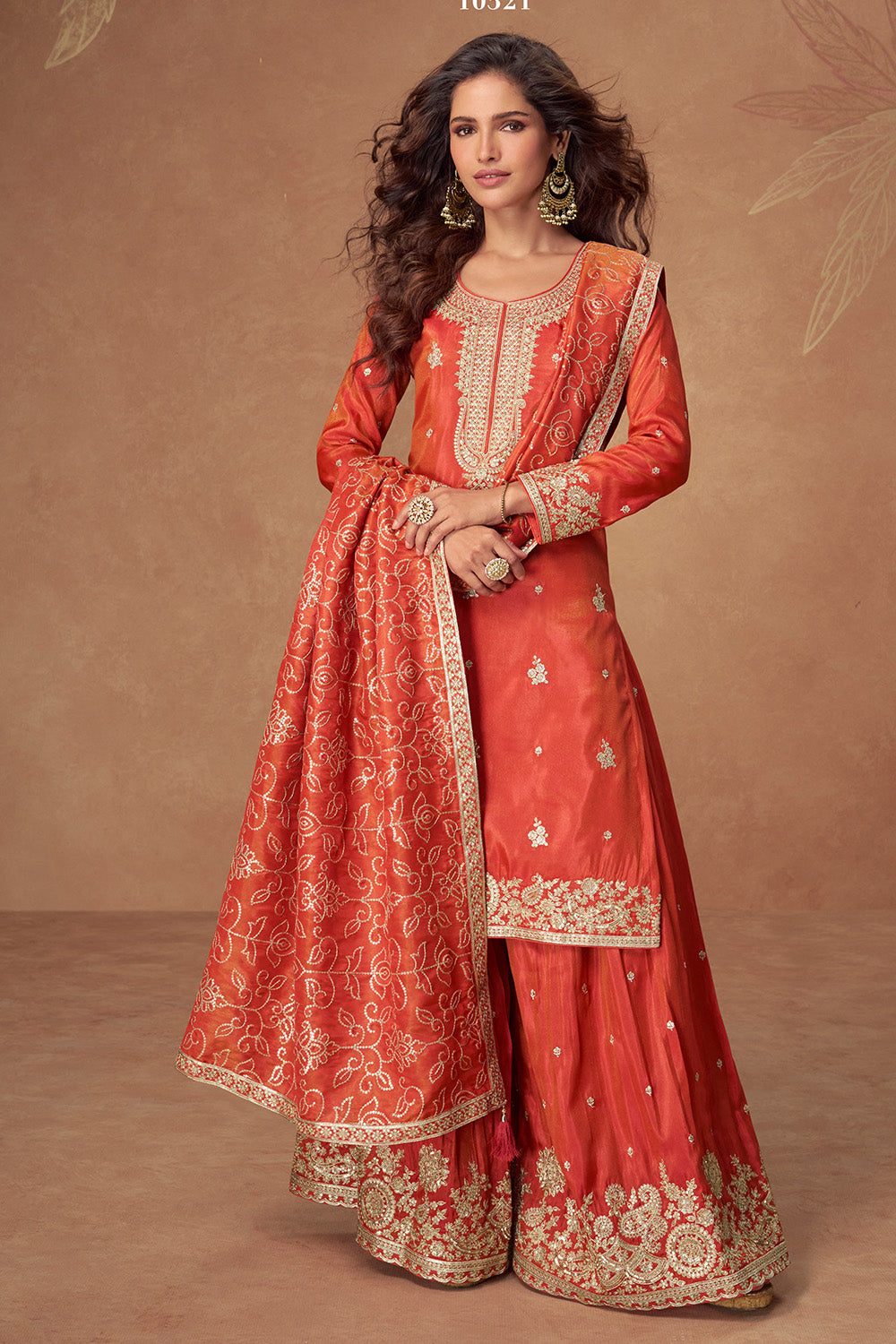 Rust Silk Zari And Sequins Embroidered Suit With Embroidered Palazzo