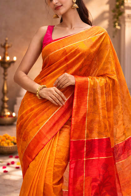 Mustard Chanderi Cotton Printes Saree