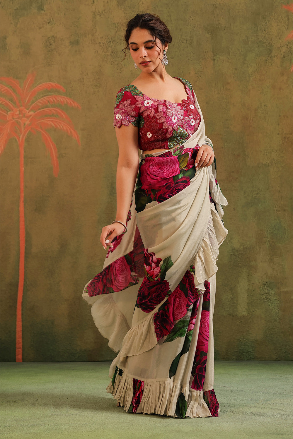 Cream Pure Crepe Silk Floral Printed Ruffled Saree With Readymade Cut-Dana Embroidered Blouse