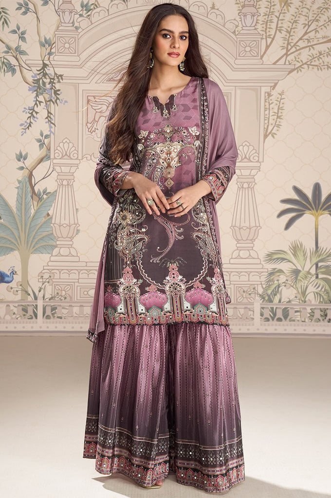 Light Mauve Crepe Silk Mirror And Swarovski Embroidered Printed Suit With Gharara