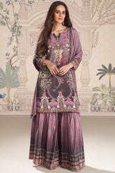 Light Mauve Crepe Silk Mirror And Swarovski Embroidered Printed Suit With Gharara