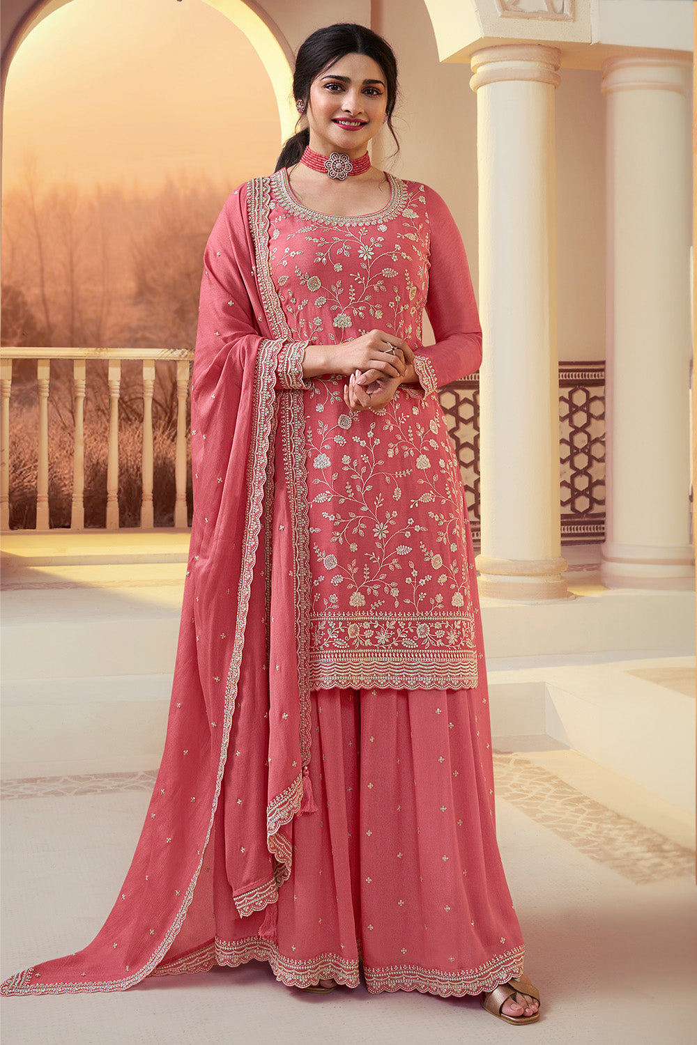 Coral Color Embroidered Georgette Unstitched Suit Material With Stitched Sharara
