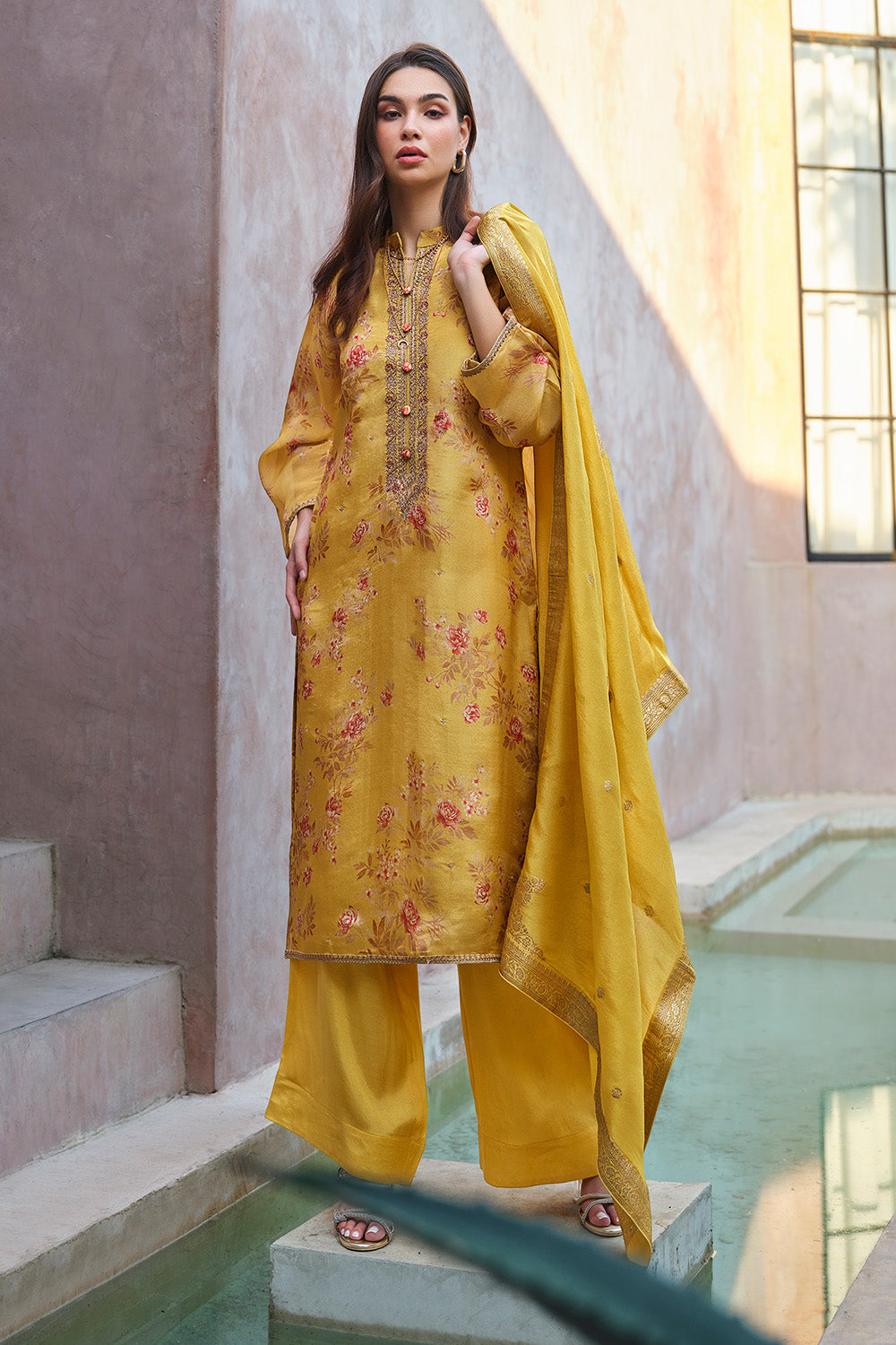 Mustard Color Floral Printed & Neck Embroidered Unstitched Suit Material