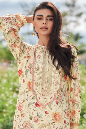 Cream Color Crepe Silk Floral Printed Unstitched Suit Fabric