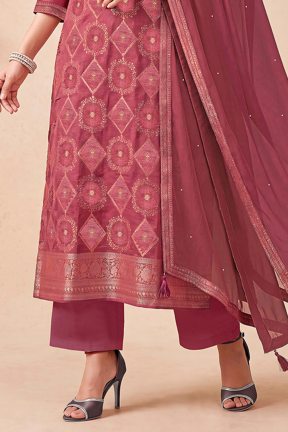 Light Maroon Zari Woven Silk Unstitched Suit Fabric