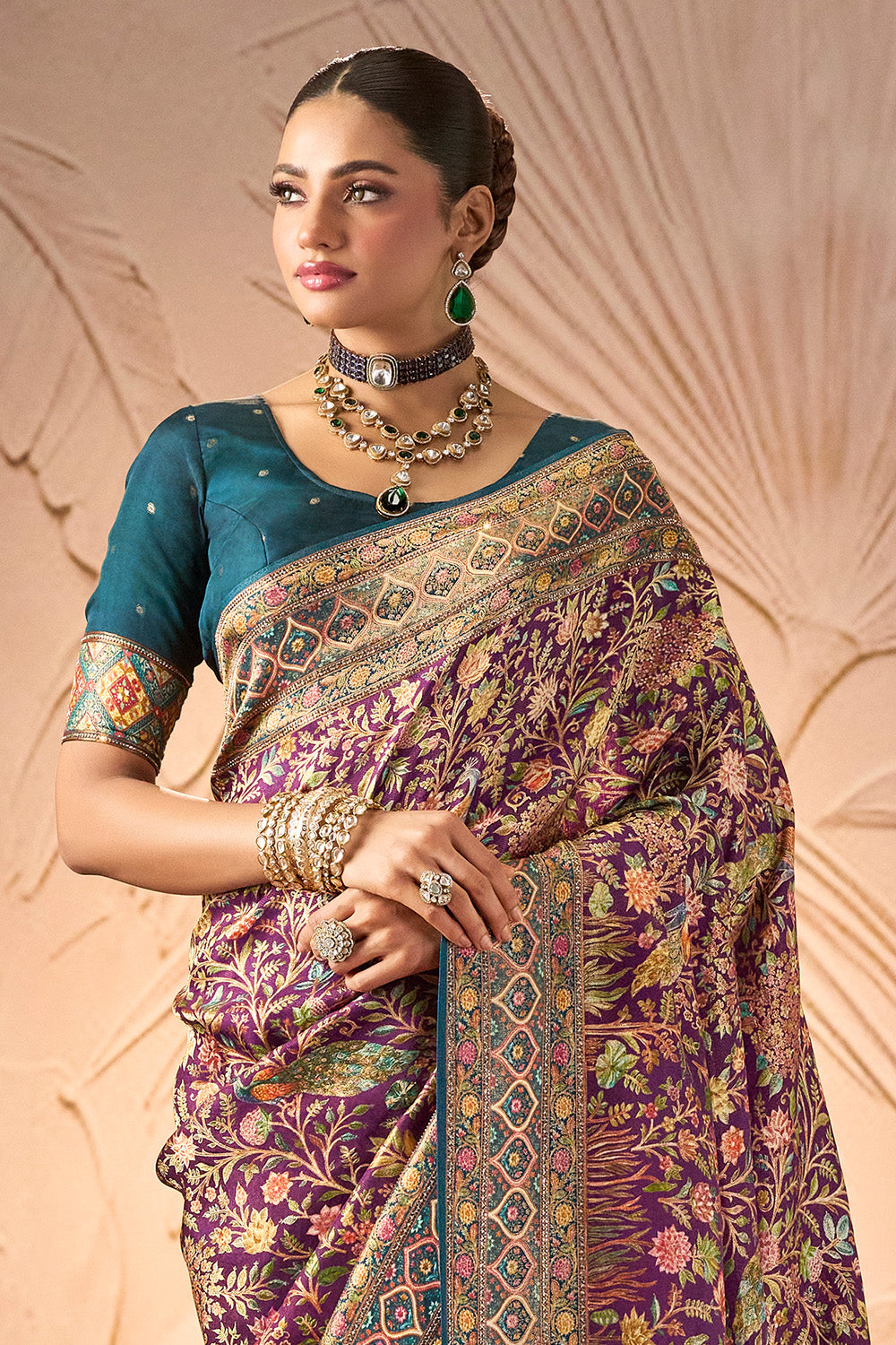 Purple Color Position Print Woven Silk Saree With Swarovski Work