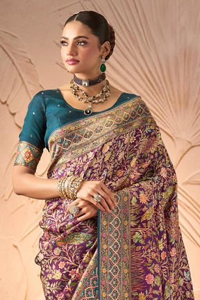 Purple Color Position Print Woven Silk Saree With Swarovski Work