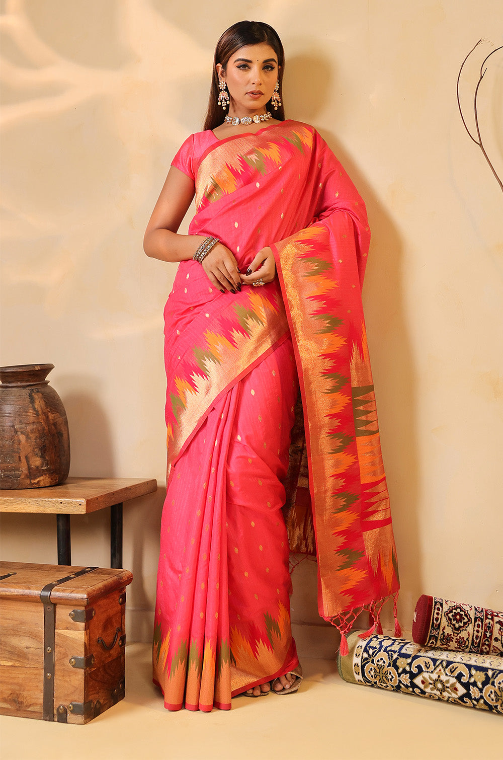 Strawberry Color Cotton Silk Woven Saree