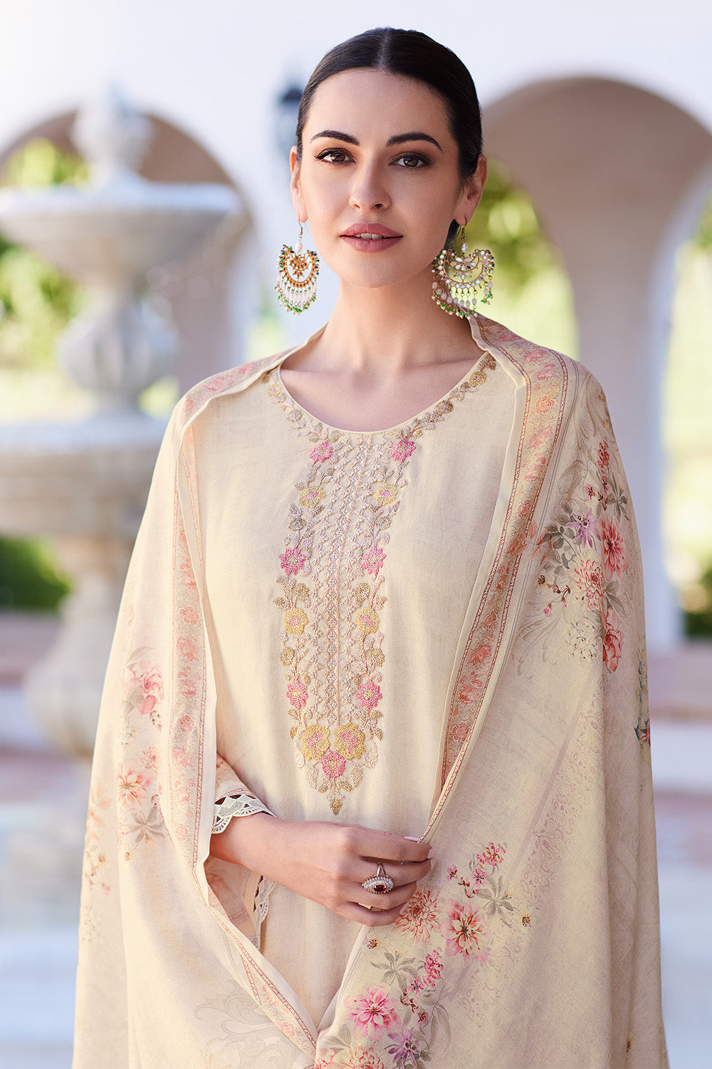 Cream Color Muslin Neck Embroidered & Floral Printed Suit