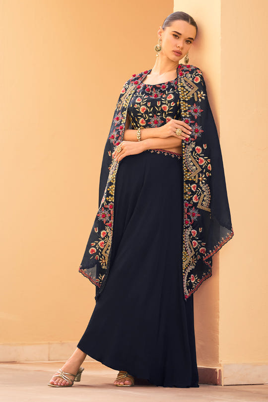 Navy Organza Embroidered Crop-Top Dress With Shruge Stlye Dupatta And Palazzo