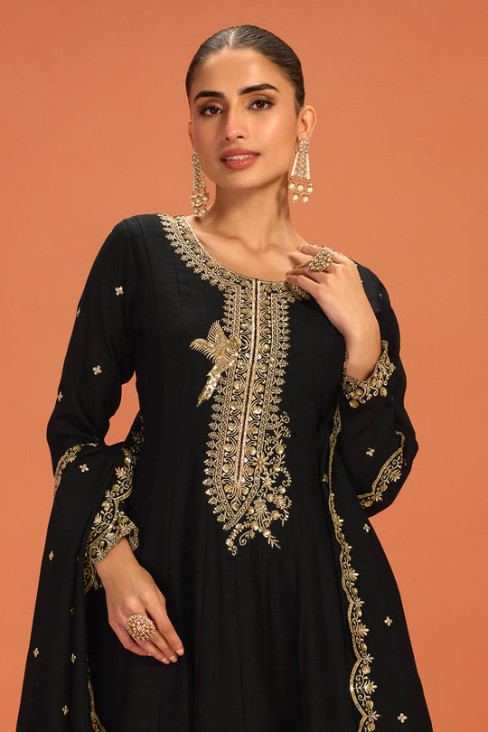 Black Crepe Silk Zari and Sequins Embroidered Anarkali Suit