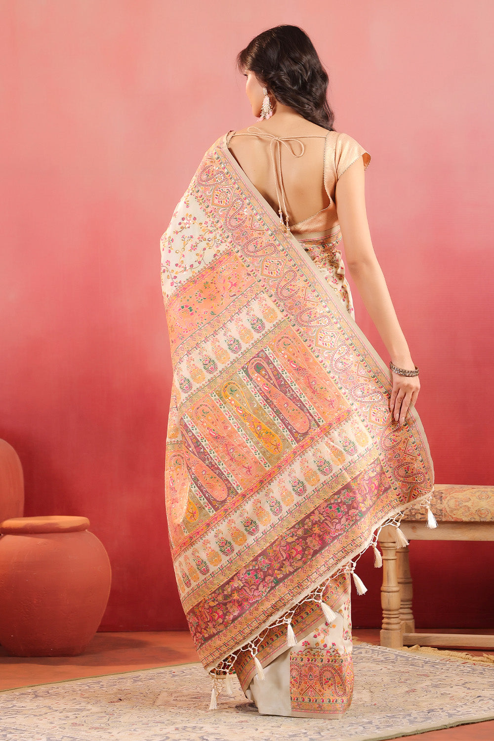 Cream Color Position Print Woven Silk Saree