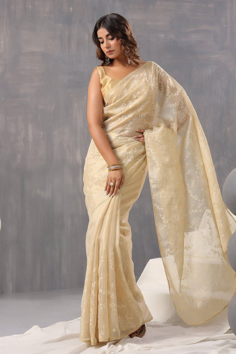 Beige Color Cotton Silk Thread Embroidered Saree