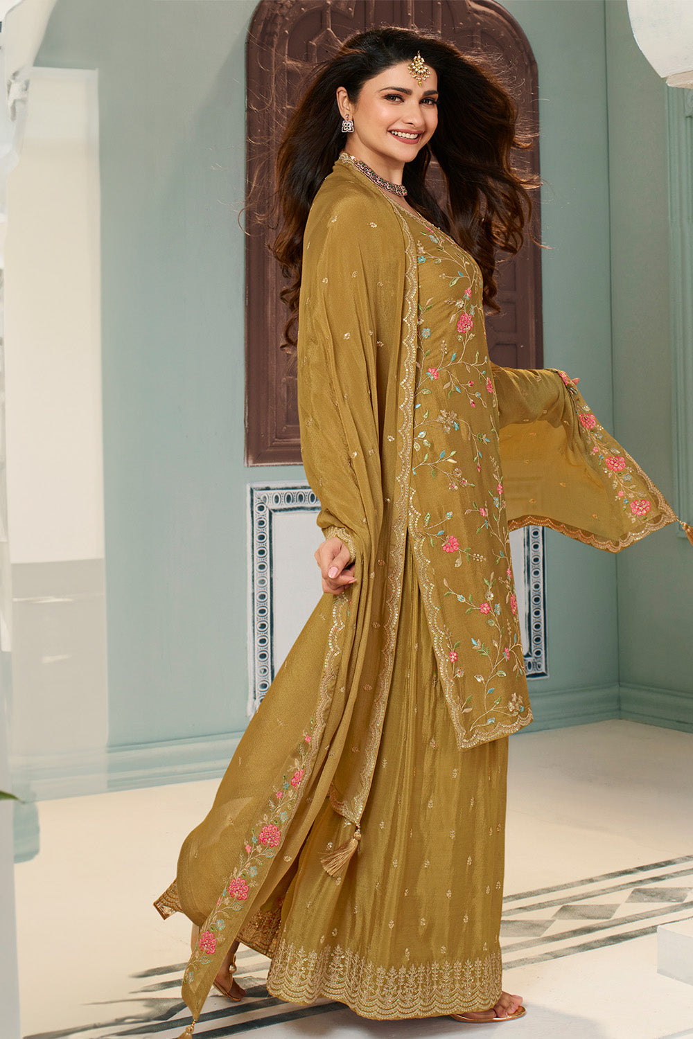 Sage Green Color Embroidered Crepe Unstitched Suit Material With Stitched Sharara