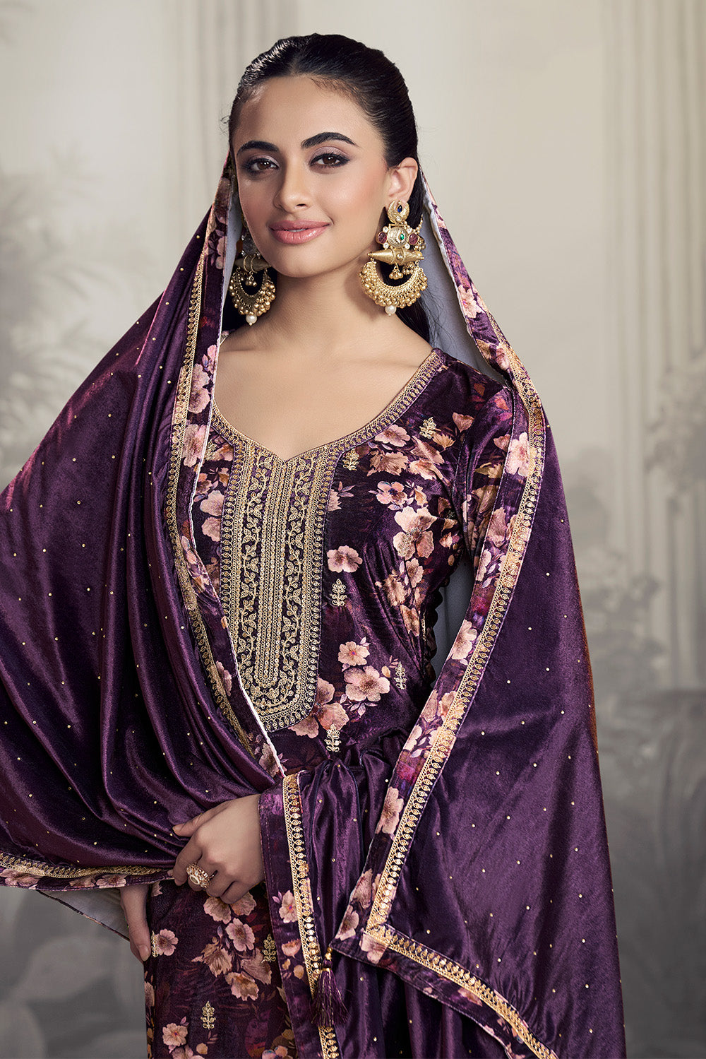 Violet Velvet Floral Printed And Embroidered Unstitched Suit Fabric