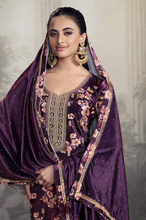 Violet Velvet Floral Printed And Embroidered Unstitched Suit Fabric