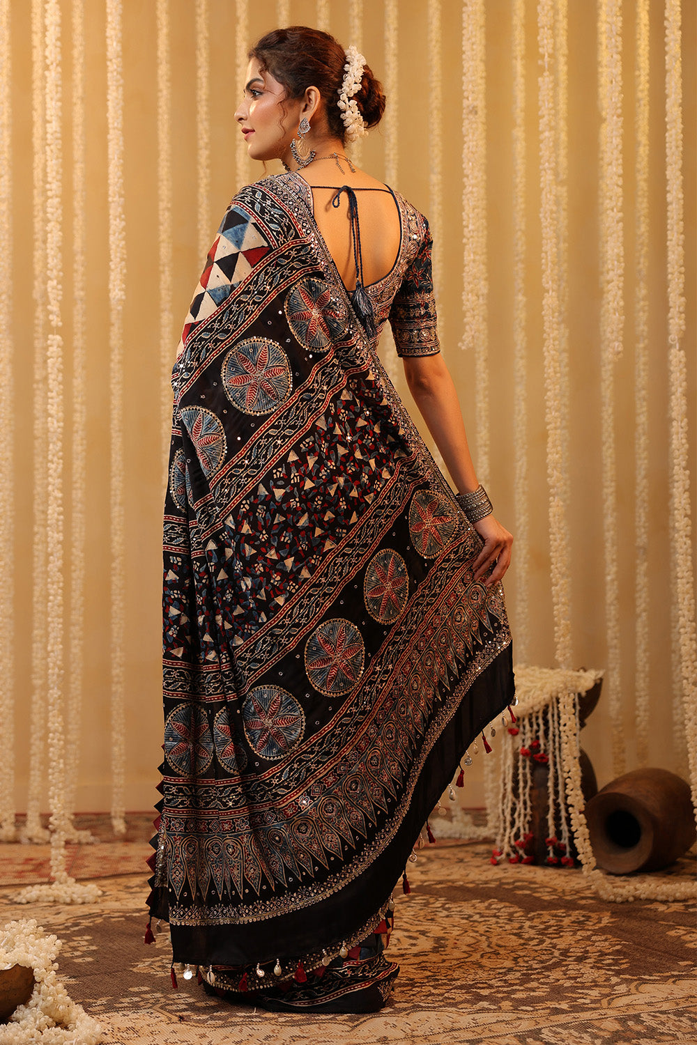 Navy & Beige Printed And Embroidered Pure Mulberry Silk Saree