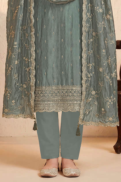 Grey Tissue Silk Embroidered Unstitched Suit Fabric