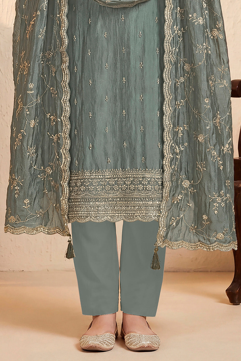 Grey Tissue Silk Embroidered Unstitched Suit Fabric