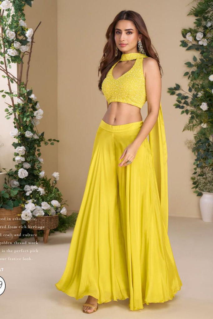 Yellow Silk Embroidered Choli Palazzo Set With Dupatta