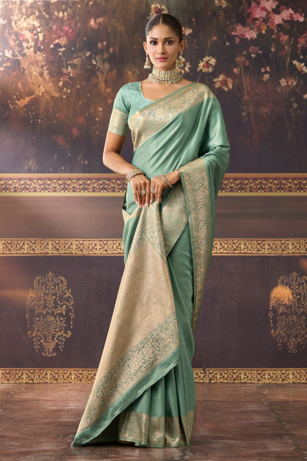 Sea Green Zari Woven Mulberry Silk Saree