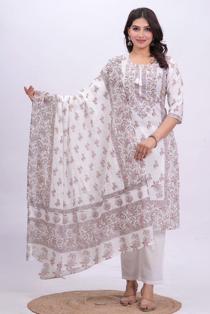 Pink & Cream Color Cotton Floral Printed Straight Suit