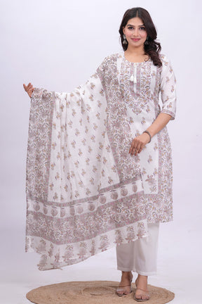 Pink & Cream Color Cotton Floral Printed Straight Suit