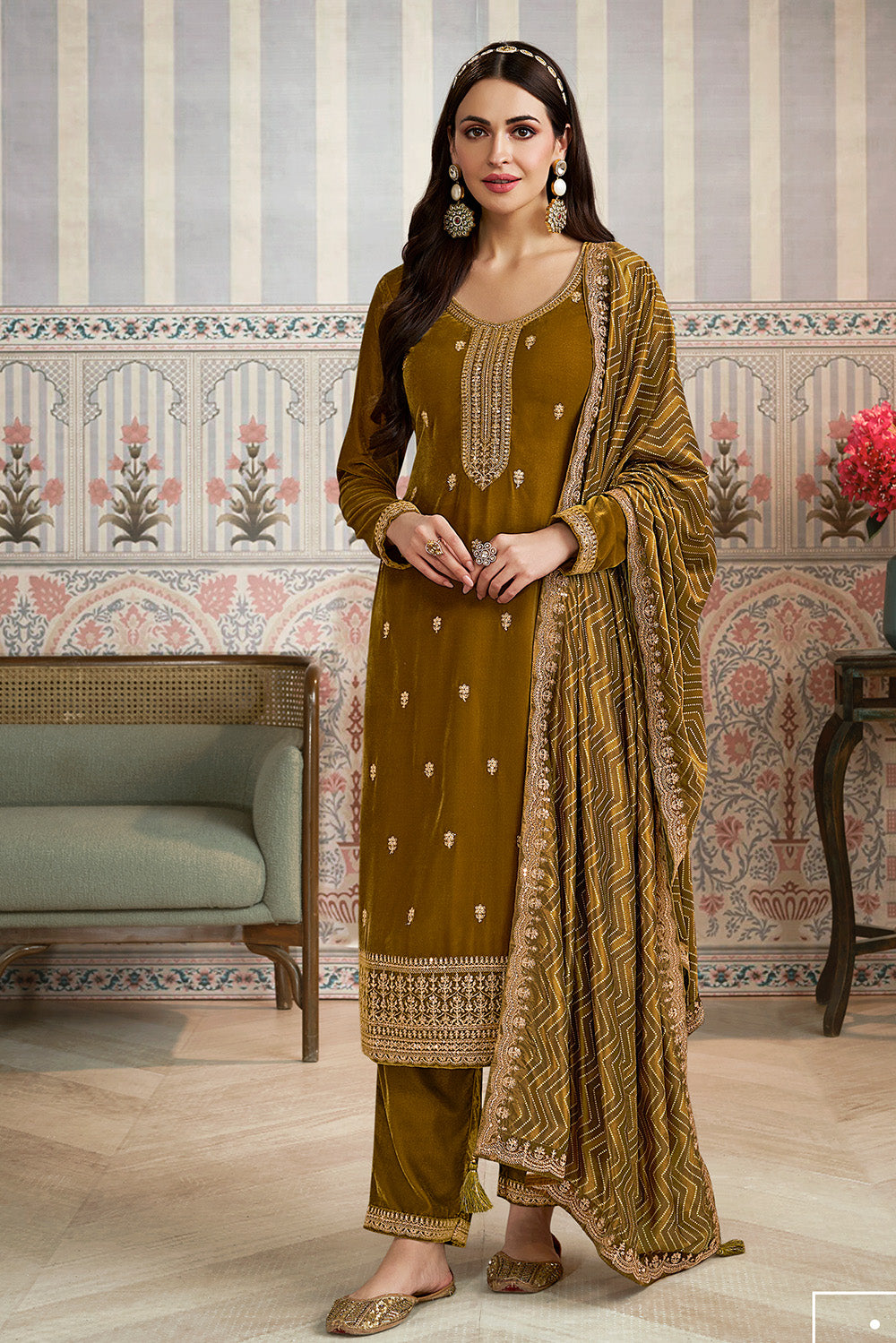 Sage Green Velvet Sequins and Zari Embroidered Unstitched Suit Fabric