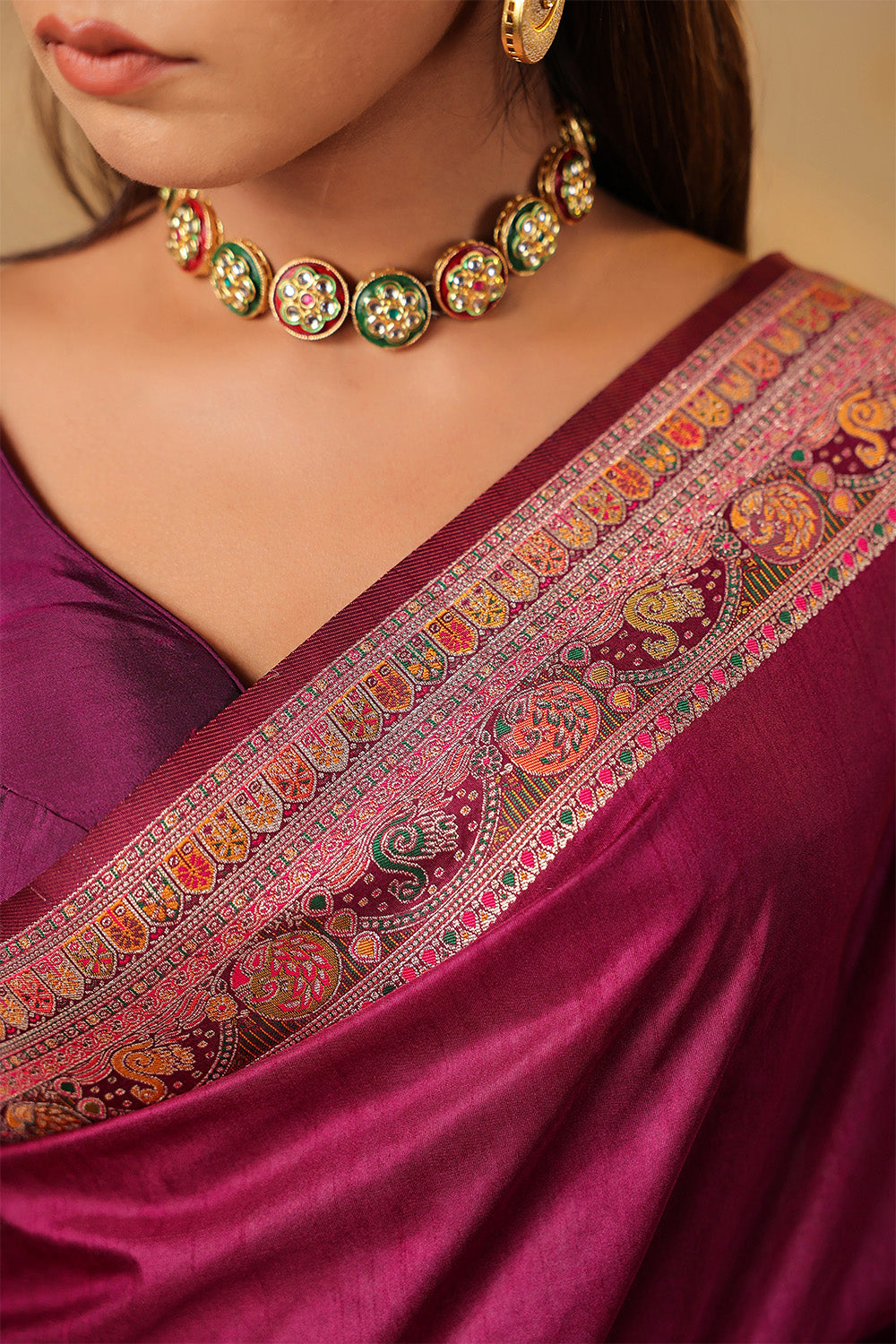 Dark Scarlet Soft Silk Kalamkari Woven Saree
