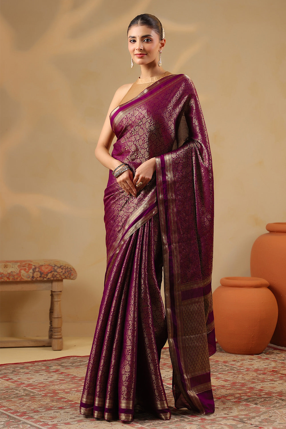 Dark Scarlet Color Zari Woven Soft Silk Saree