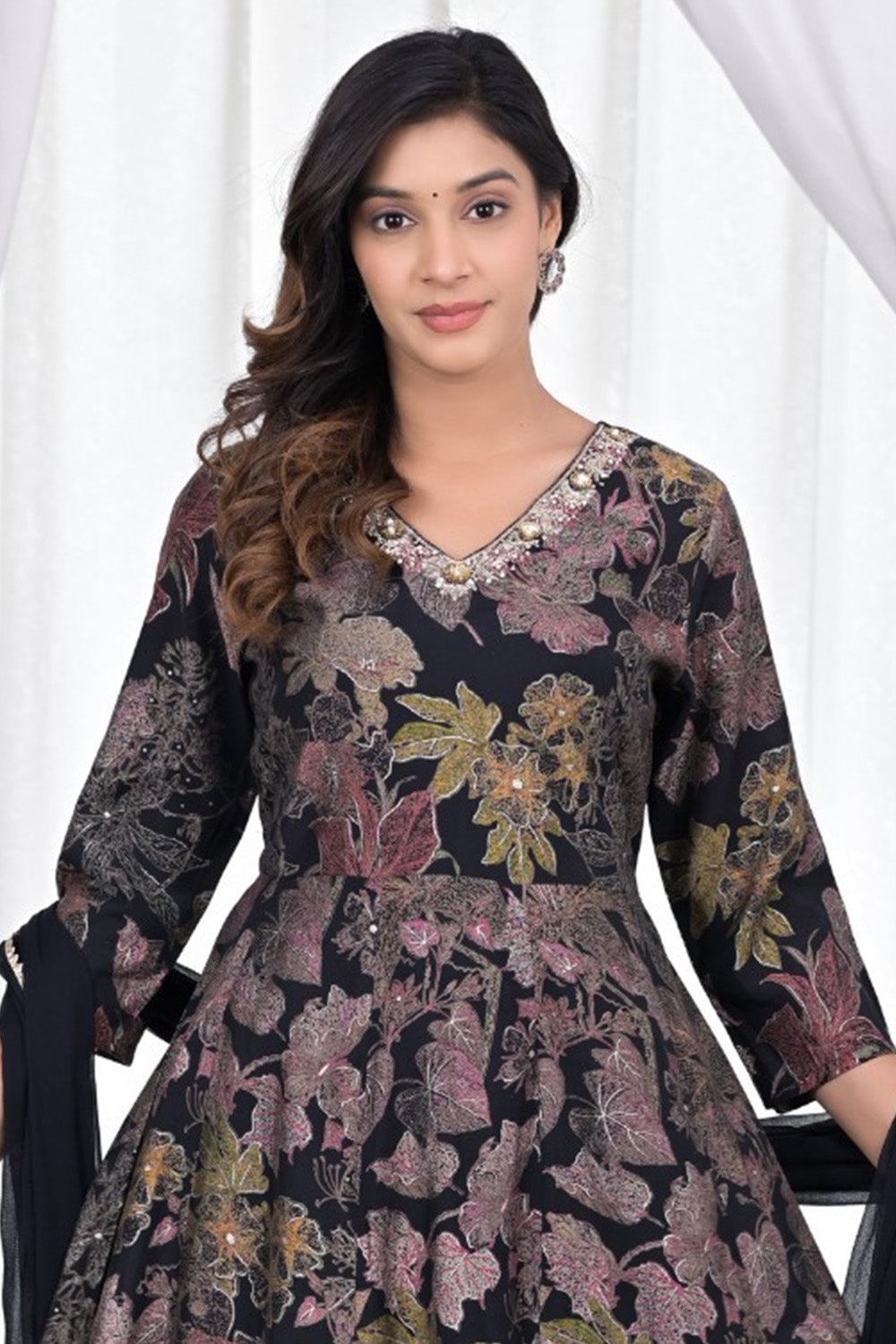 Black & Beige Muslin Floral Printed Neck-Embroidered Anarkali Suit