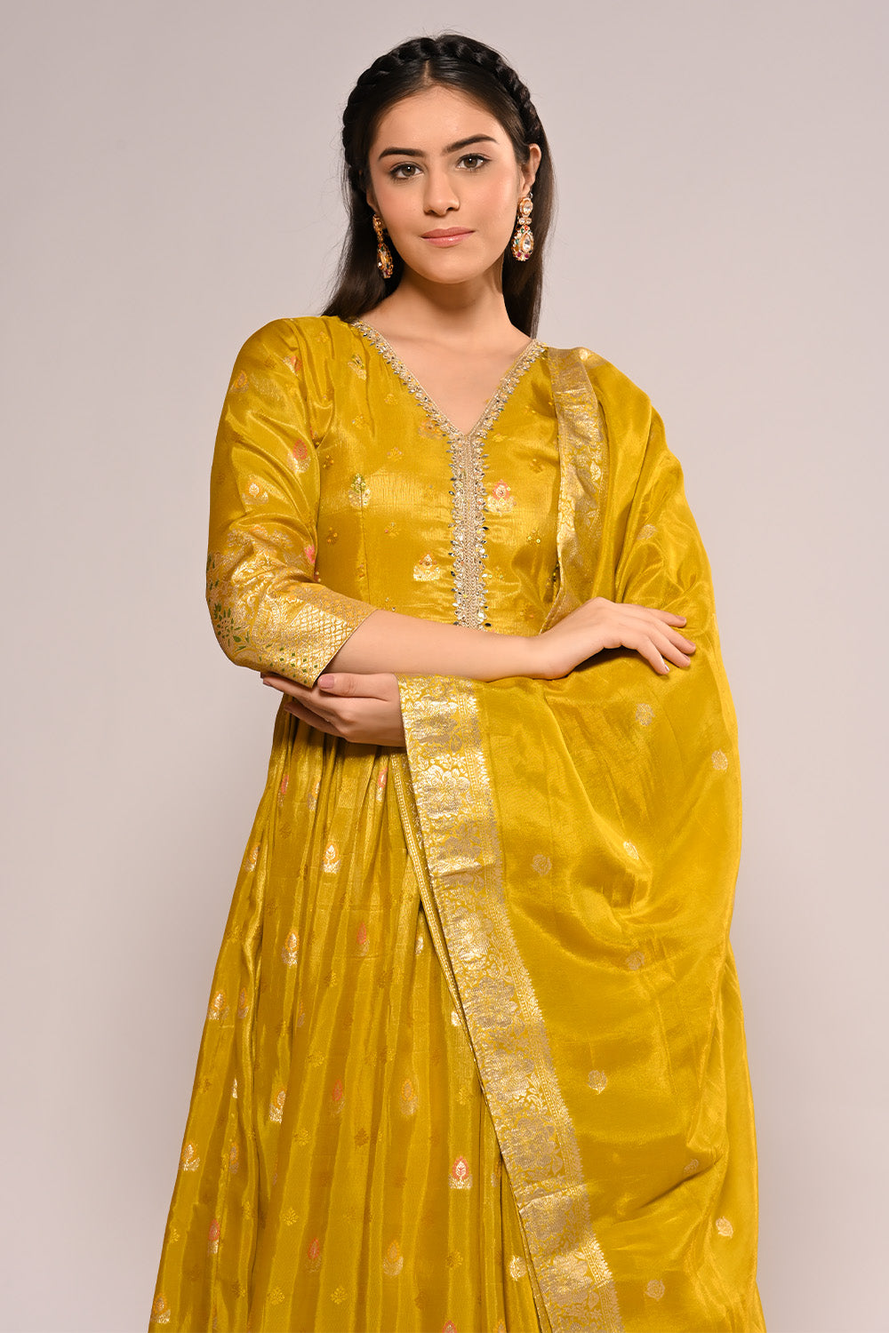 Mustard Color Mantellic Tissue Embroidered and Woven Anarkali Suit