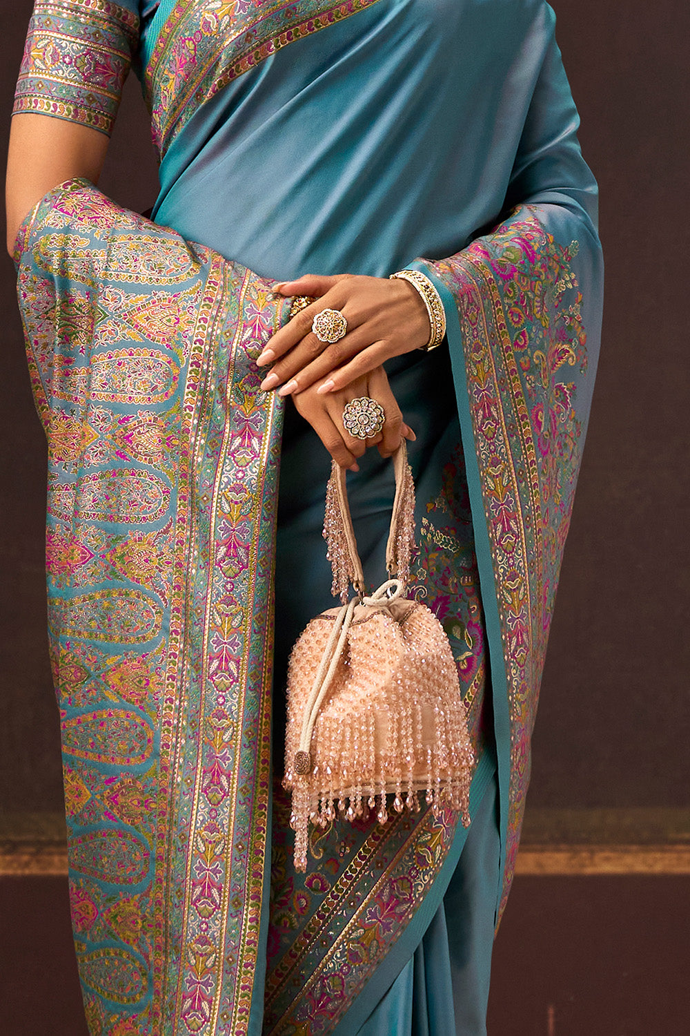 Firozi Color Soft Silk Kalamkari Woven Saree