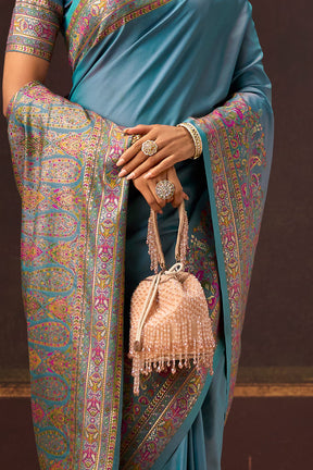 Firozi Color Soft Silk Kalamkari Woven Saree