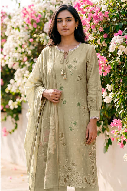 Pista Green Cotton Floral Resham Embroidered and Printed Unstitched Suit Material